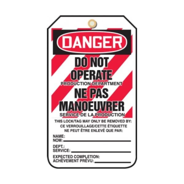 Accuform French Bilingual Safety Tags, DANGER DO NOT OPERATE PRODUCTION DEPARTMENT, 5.75in x 3.25in, 25PK TCF214CTP - main